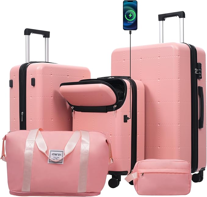 Merax Luggage Sets 5 Piece, Hardside 20" Half-opening Carry On Suitcase Set with USB Port,Lightweight Travel 24" 28" Luggage with Bags TSA Locks Double Spinner Wheels,Light Pink
