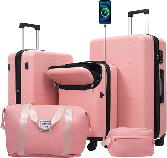 Merax Luggage Sets 5 Piece, Hardside 20" Half-opening Carry On Suitcase Set with USB Port,Lightweight Travel 24" 28" Luggage with Bags TSA Locks Double Spinner Wheels,Light Pink