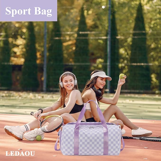 LEDAOU Duffle Bag Girls Kids Cute Dance Bag with Shoes Compartment Gym Bag with Wet Pocket Sports Overnight Travel Bag (Purple Checkered)