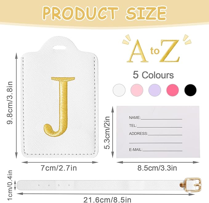 Personalized Initial Luggage Tags for Suitcases, Cute PU Leather Embroidered Letter Travel Luggage Tags, Suitcase Identifier Name Baggage Tag, Bag Tags for Men Women Kids Luggage Handbags(White J)