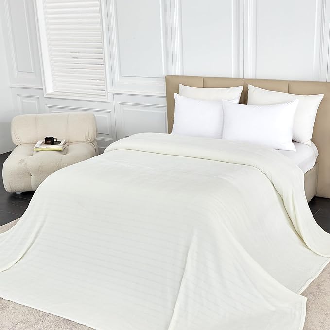 Extra Large 120x120 Inch Giant Soft Cozy Fleece Blanket, Huge Oversized Seamless King 3D Jacquard Decorative California King Blanket for Bed, Couch, Travel - Striped Ivory White