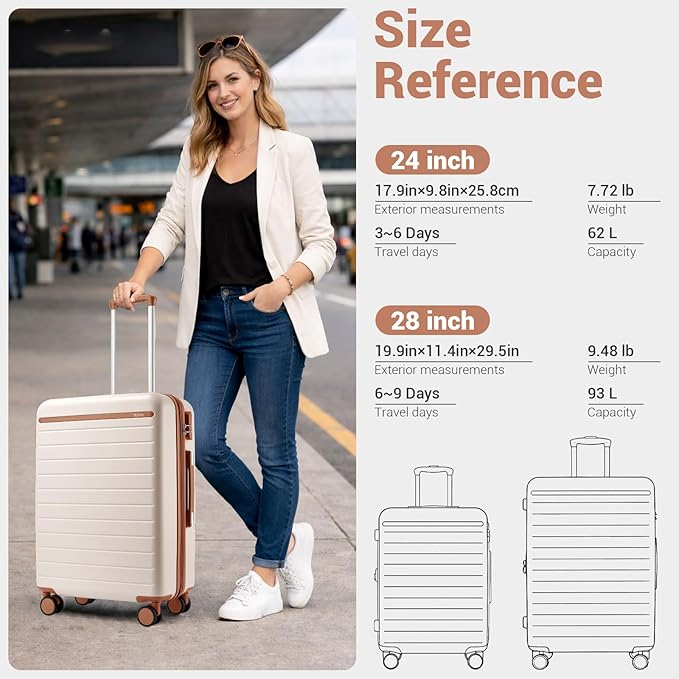 Kono 24 Inch Check In Suitcase Expandable Luggage, Business Travel Suitcase for 5-7 Days, Durable ABS+PC Hardshell with Side Handles & Kick Plates, Double Spinner Silent Wheels, Cream/Brown