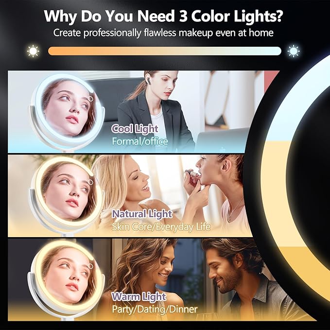 MIYADIVA Makeup Mirror with Lights,20X Magnifying Mirror with Light and Touch Switch,Vanity Mirror with 3 Color Light and 80 LEDs,2-Sided Lighted Magnified Mirror 8.8 Inches