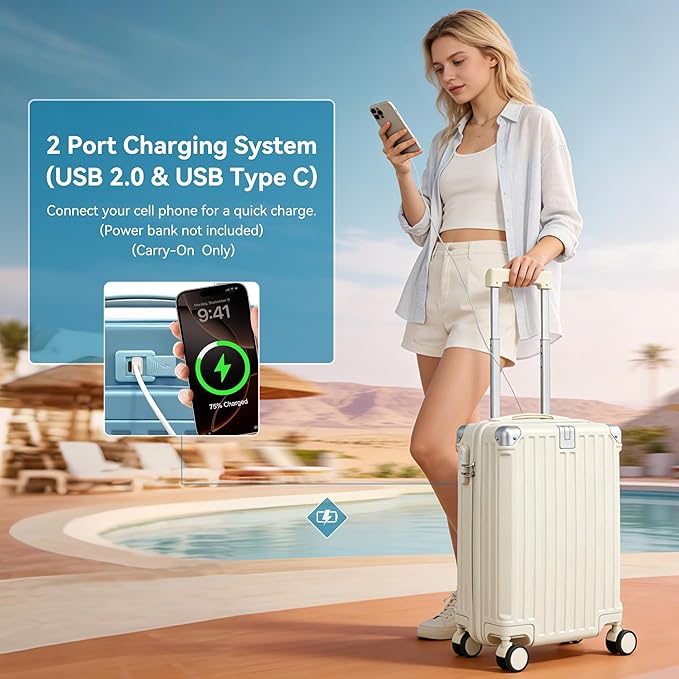 Carry On Luggage with Spinner Wheels,PC Hard Shell Suitcase with USB Port,Lightweight Travel Luggage Airline Approved for Men Women,White,3-Piece Set (14/20/24)