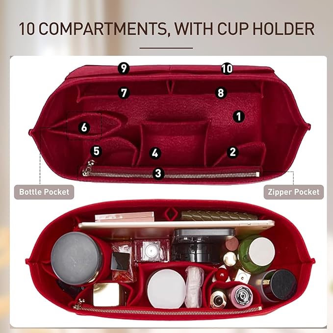 Premium Felt Purse Organizer Insert with Base Shaper Compatible with lv neverfull MM, Speedy 30 and More,Bag Organizer Insert for Luxury Tote Handbags,L/Wine Red
