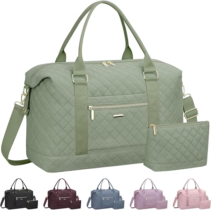 Quilted Travel Duffle Bag for Travel Women with Toiletry Bag, Large Weekender Bags for Women Carry on Duffel Overnight Bag, Waterproof Travel Tote Bags for Sports, Weekender, Business, Green