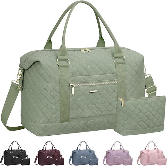 Quilted Travel Duffle Bag for Travel Women with Toiletry Bag, Large Weekender Bags for Women Carry on Duffel Overnight Bag, Waterproof Travel Tote Bags for Sports, Weekender, Business, Green
