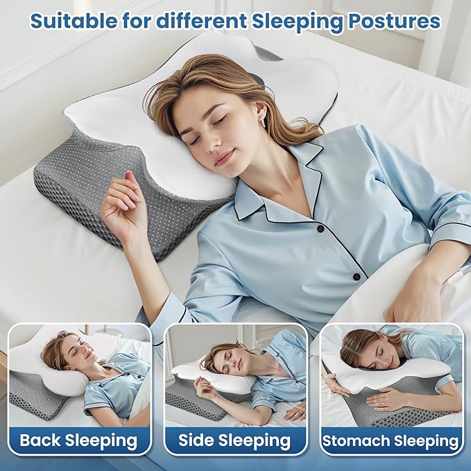 Memory Foam Bed Pillow – Contour Support Pillow for Side & Back Sleepers, Soft Ergonomic Design, Cooling Breathable Cover, Removable Washable Case, King Size, Grey