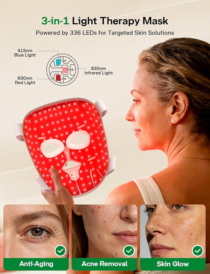 Medisana Red Light Therapy for Face, 3D Facial Fit LED Mask with 415nm Blue 630nm Red 830nm Infrared, 336 Beads, 3 Modes - Cordless & Rechargeable LED Face Mask for Home, Skincare Gifts for Women Mom