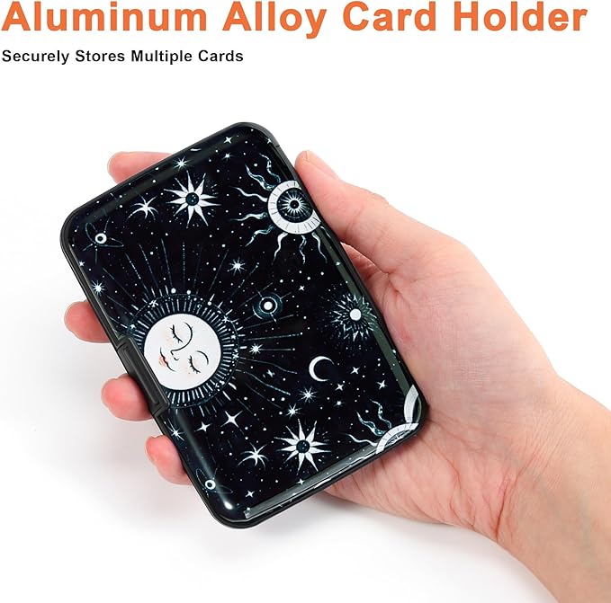 Mayski Credit Card Holder, RFID Blocking, Aluminum Alloy Hard Case, Small Mini Business Metal Wallet for Women Men, Sun Moon
