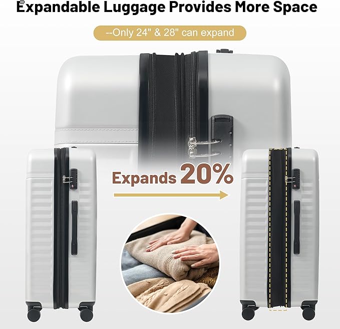 Merax Luggage Sets 5 Piece,Hardshell Expandable Suitcase with Spinner Wheels and Travel Bags,Lightweight Carry on Luggage,20/24/28IN,White Grey