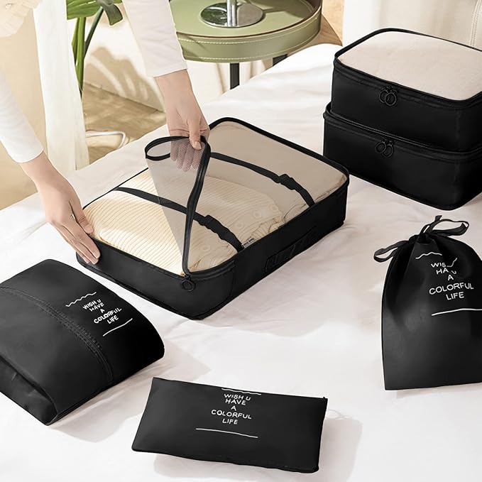 KPX 8 Set Packing Cubes for Travel, Luggage Packing Organizers Accessories Large Toiletries Bag for Clothes Shoes Cosmetics (Black)