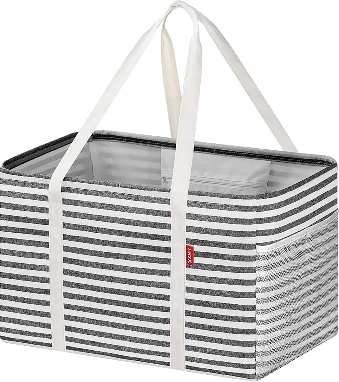 LHZK Standing Utility Tote Bag with Metal Wire Frame and the Sides Rinforced, Large Tote Bag with Handle, Reusable Grocery Bags Foldable, Beach Bag, Car Tote, Black, 18.5''x11.8''x11.5''