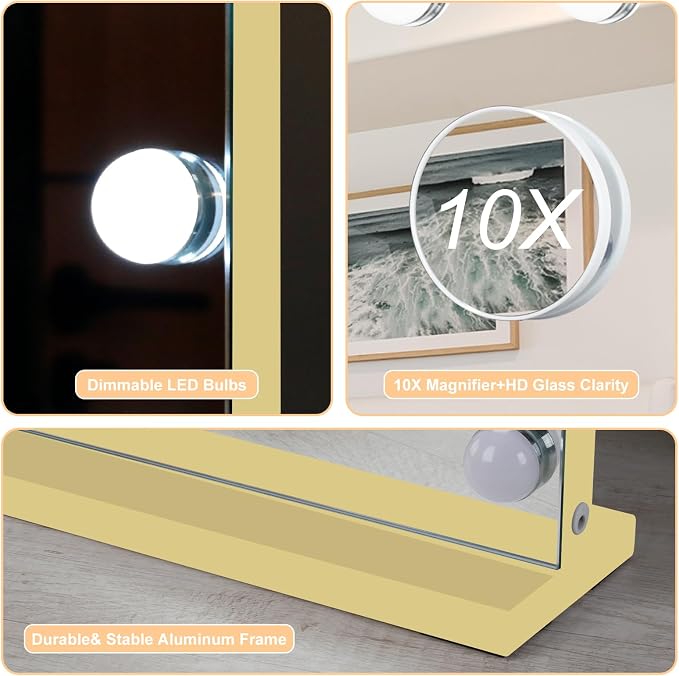 Moonee Vanity Mirror with Lights, Gold Hollywood Lighted Makeup Mirror with 18 Dimmable Bulbs and 10X Magnification, 3 Colors Modes, Aluminum Metal Frame, Light Up Mirror for Tabletop/Wall（32" x 24"）
