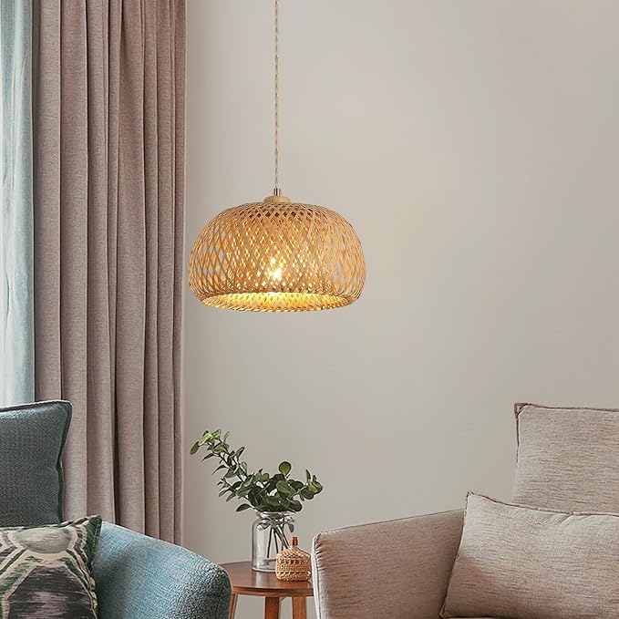 Bamboo Plug in Pendant Light with 14ft Handmade Woven Light Cord, Dimmable Switch, Boho Basket Hanging Lamp for Bedroom Kitchen Island Decor Farmhouse Living Room