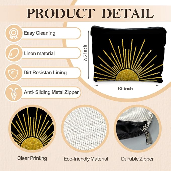 Boho Makeup Bag, Boho Abstract Black and Gold Sun Sunshine Makeup Bags for Women, Boho Gifts for Women, Boho Makeup Pouch Zipper Pouch, Aesthetic Makeup Bag
