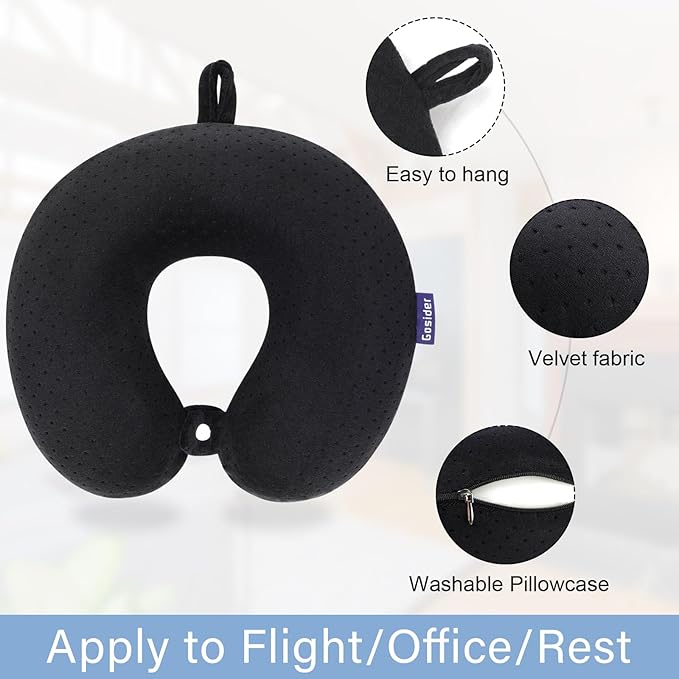 Black Travel Neck Pillow Memory Foam Airplane Pillow for Neck and Head Support Soft Portable U Shape Neck Pillow for Plane, Car & Home Office Use