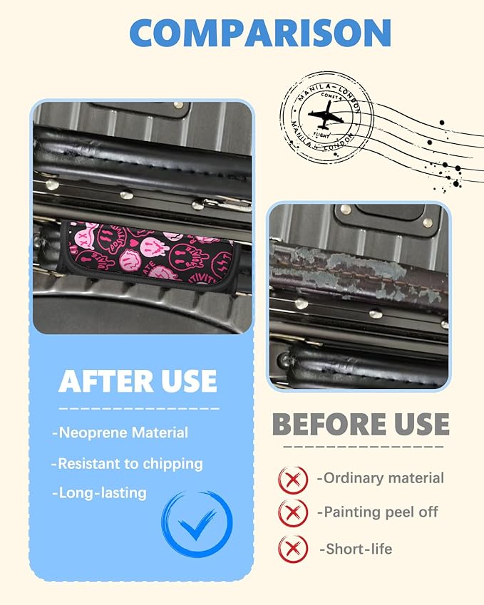 Slohif Luggage Handle Wrap 3Pcs Suitcase Identifier - Bag Strap Cover For Bogg Travel Accessories Easy Identification Bright Marker Sleeve Grips Comfort Neoprene Concealed Tag For Airport Pink Smile