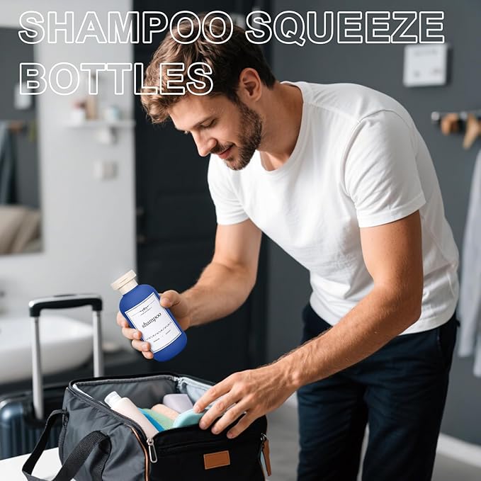 ASEVAT 6.7oz Airtight Plastic Travel Shampoo Bottles, Empty Squeeze Bottle, Refillable Travel Shampoo and Conditioner Bottles, Hand Soap Dispenser for Vacation, Gym, Lotion(Blue+Navy+Grey)