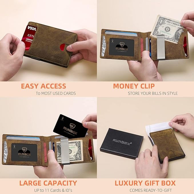 RUNBOX Slim Wallets for Men - Leather Money Clip Mens Wallet - RFID Blocking Front Pocket Bifold Wallet - Thin Credit Card Holder with Gift Box