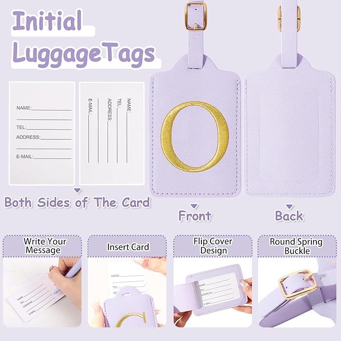 Initial Letter Luggage Tags for Suitcases, Personalized Embroidered Letter Luggage Bag Suitcase Identifier Name Tag, Cute PU Leather Travel Luggage Tags, Bag Tags for Luggage Handbags(Purple O)