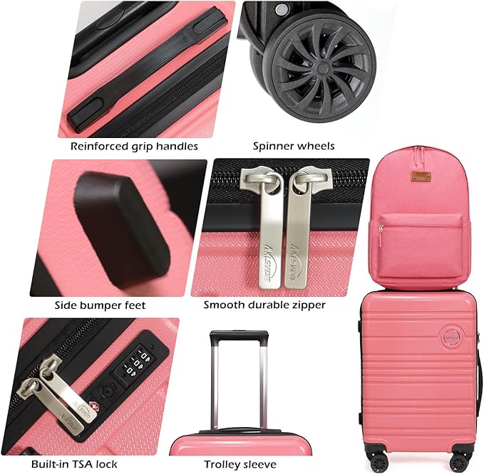 ABS+PC Carry on Luggage set with backpack 3 Pcs suitcace with Spinner wheels TSA Lock 20-In hardshell Lightweight Luggage set (Pink)