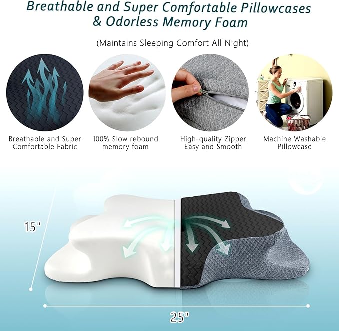 Cervical Pillow for Neck Pain Relief, Memory Foam Pillows, Ergonomic Contour Bed Pillow, Soft for Side Sleep Stomach Sleeping and Back Sleepers-Queen Size Black&Dark Grey