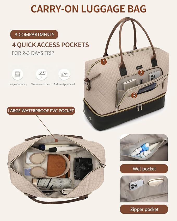 Duffle Bag for Women Travel, Weekender Bag Overnight Bag with Shoe Compartment, Carry on Bag with Crossbody Purse for Over Night, Weekend, Yoga, Gym, Business Trips, Hospital, Nude Black