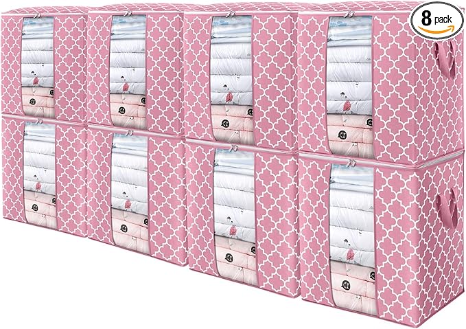 WISELIFE Storage Bags 8 Pack/100L Large Blanket Clothes Organization and Storage Containers for Comforters,Bedding, Foldable Organizer with Reinforced Handle, Clear Window, Sturdy Zippers,Pink