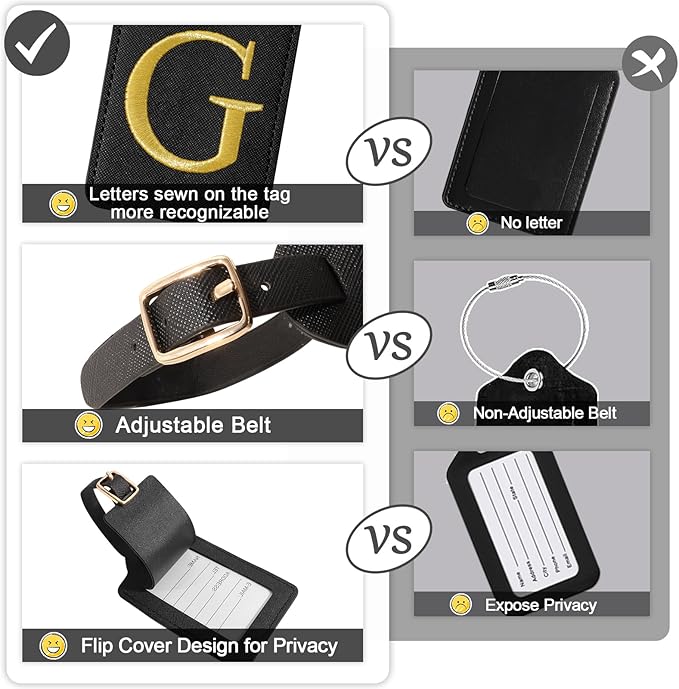 Initial Luggage Tags for Suitcases, Cute Embroidered Letter Luggage Bag Suitcase Identifier Name Baggage Tag, PU Leather Travel Luggage Tags, Bag Tags for Men Women Kids Luggage Handbags(Black G)