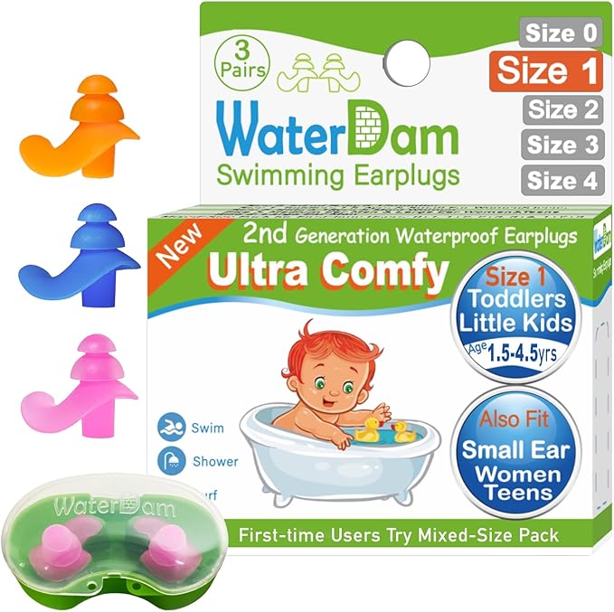 WaterDam Swimming Ear Plugs Great Waterproof Ultra Comfy Earplugs Prevent Swimmer's Ear (Size 1+1+1: Toddlers & ExtraSmall Ear Teens&Women (Orange Blue Pink))