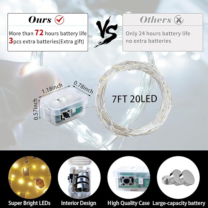 8 Pack White Fairy Lights 7Ft 20 LED Twinkle String Lights 3 Modes Battery Operated Waterproof Firefly Starry for Mason Jar Wedding Party Bedroom Patio Christmas Valentines Day Table Centerpieces