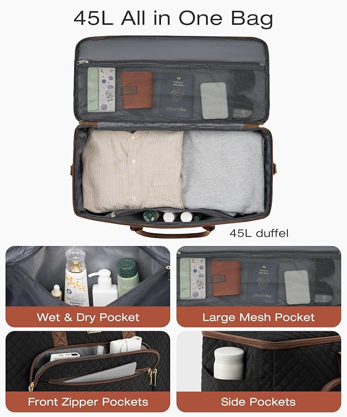 Travel Duffle Bag, Wide Open Large Weekender Bag for Women with Shoe Compartment, Carry on Overnight Bags with Toiletry Bag, Hospital Bag for Women Labor Delivery with Wet Pocket (Black Brown)