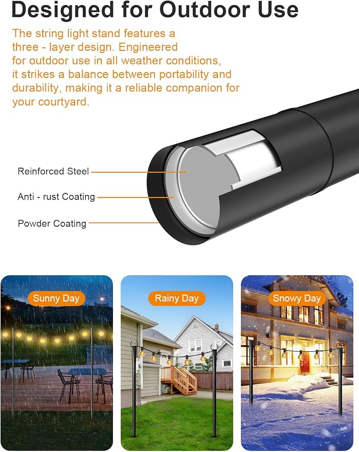4 Pack String Light Poles for Outside with Ground Stakes and Fence Clips | Adjustable 7-section metal patio light poles for string lights and lanterns; for garden, patio, backyard and outdoor decor.