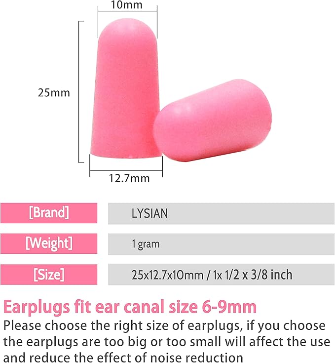 LYSIAN Ultra Soft Foam Ear Plugs for Sleep Noise Reduction -38dB Noise Cancelling Earplugs for Sleeping, Snoring, Shooting, Travel, Women-60 Pairs-Pink Color