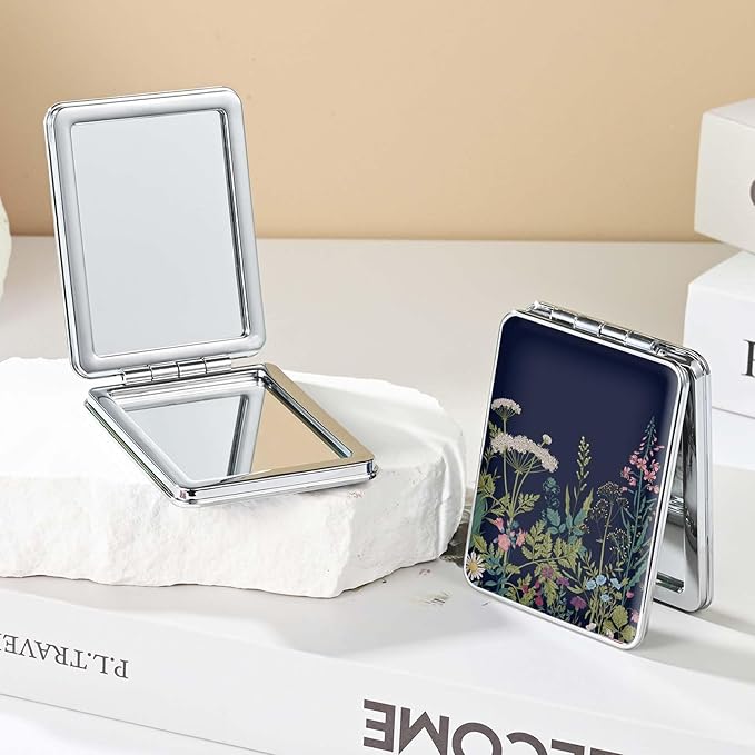 Pocket Mirror, Small Travel Mirror with Magnification, Portable Double-Sided Magnifying Cosmetic Mirror for Daily (White + Black Flowers)