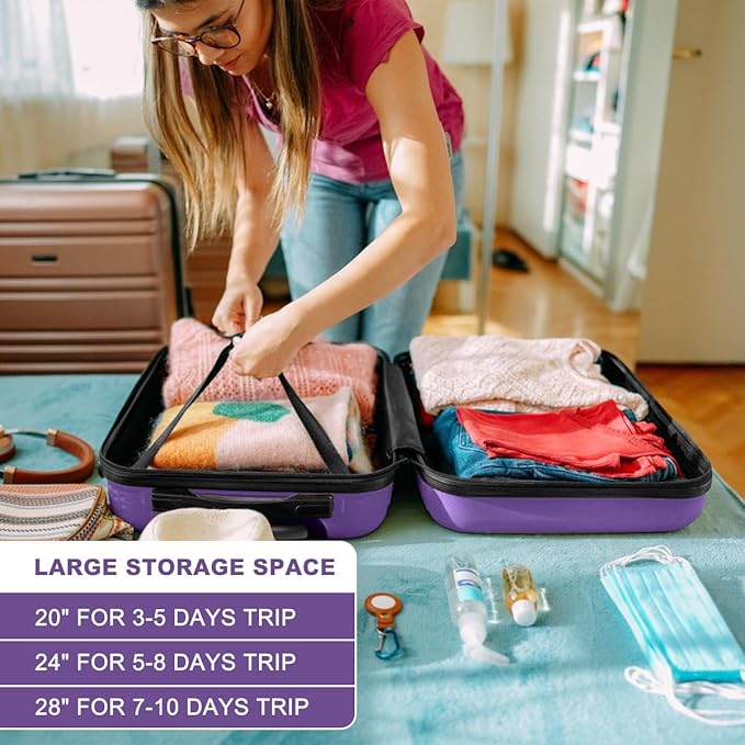 Kono 28 Inch Luggage Expandable Suitcase with Spinner Wheels TSA Lock Lightweight PC+ABS Hardside Large Checked Luggage Durable Rolling Suitcase Purple