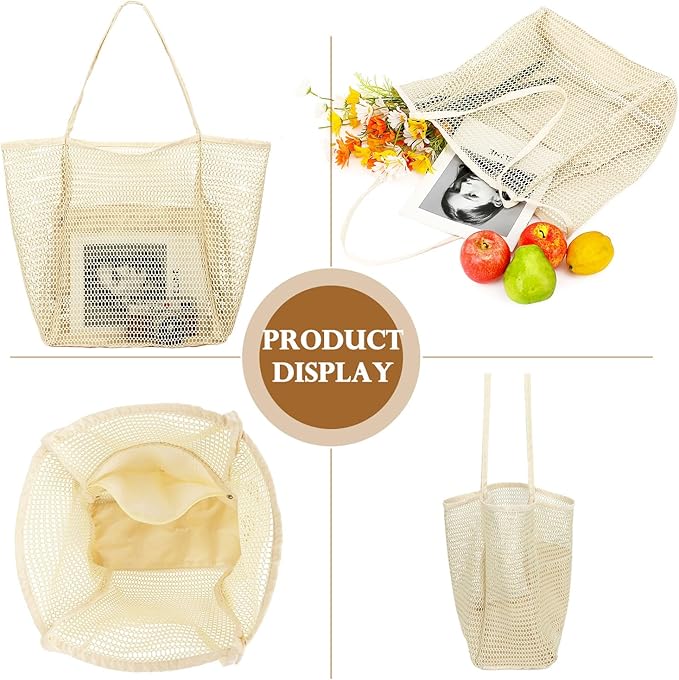 Fammart Mesh Beach Bag, Large Beach Tote with Zipper Pocket, Toys Pool Bag for Family Travel Vacation Cruise Essentials