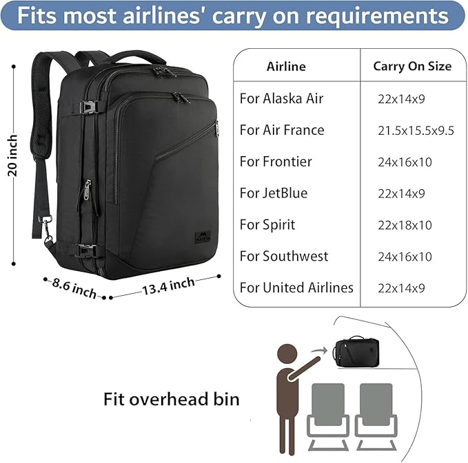 MATEIN 45L Travel Backpack, Large Carry on Backpack for Men Women, Water Resistant Lightweight Expandable Daypack, Business Weekender Backpacks, Gifts for People who Travel, Black