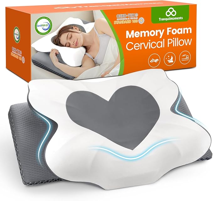 Cervical Neck Pillow for Sleeping, Memory Foam Pillow for Neck Support, Ergonomic Pillow for Pain Relief, Contour Bed Pillow for Side Back Stomach Sleepers, Grey, Standard Size
