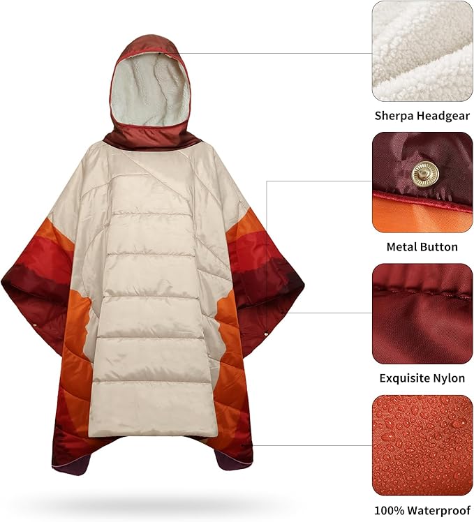 Camping Blanket, Poncho Wearable Hoodie Blankets Outdoor Waterproof Windproof Warm Durable & Portable for Stadium, Concerts, Car,Travel, Beach, Picnic, Grass,75 * 52 inch
