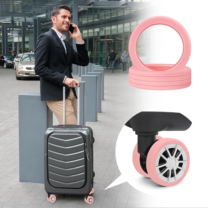 Pink Silicone Luggage Wheel Covers, 8 Pack, Noise Reducing, Wear-Resistant, Compatible with Most Standard Luggage Models, 2 Inch Wheel Size