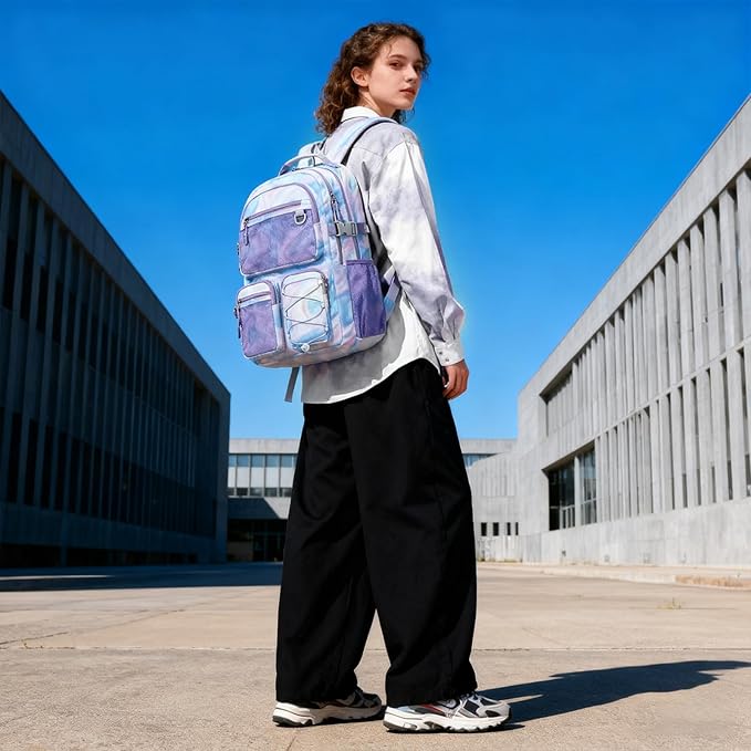 Lohol Multi-Pocket Backpack for Travel College, Heavy Duty Big Bookbag with 15.6 inch Laptop Compartment (Purple Galaxy