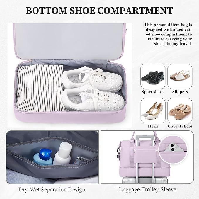 Weekender Bags for Women,Carry On Overnight Travel Duffel Personal Item Bag with Shoes Compartment & Grid Toiletry Bag,Large,Purple