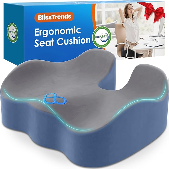 BlissTrends Seat Cushion,5.2in Thick Memory Foam Cushions for Office Chair, Car Seat, Airplane, Relieving Pressure Tailbone Sciatica Back Pain for Long Sitting Office Workers, Car Drivers Gery&Blue
