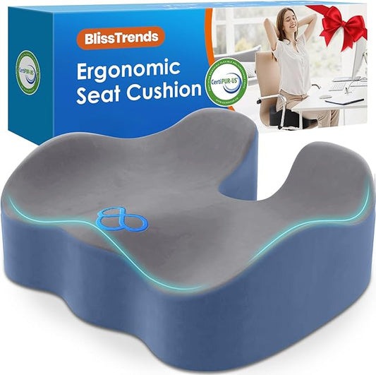 BlissTrends Seat Cushion,5.2in Thick Memory Foam Cushions for Office Chair, Car Seat, Airplane, Relieving Pressure Tailbone Sciatica Back Pain for Long Sitting Office Workers, Car Drivers Gery&Blue