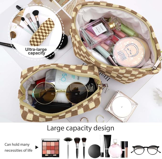 EIMMBD Makeup Bag 3 Pieces Large Capacity Checkered Cosmetic Bags Travel Toiletry Bag Organizer Cute Makeup Pouch Storage for Women(Brown)