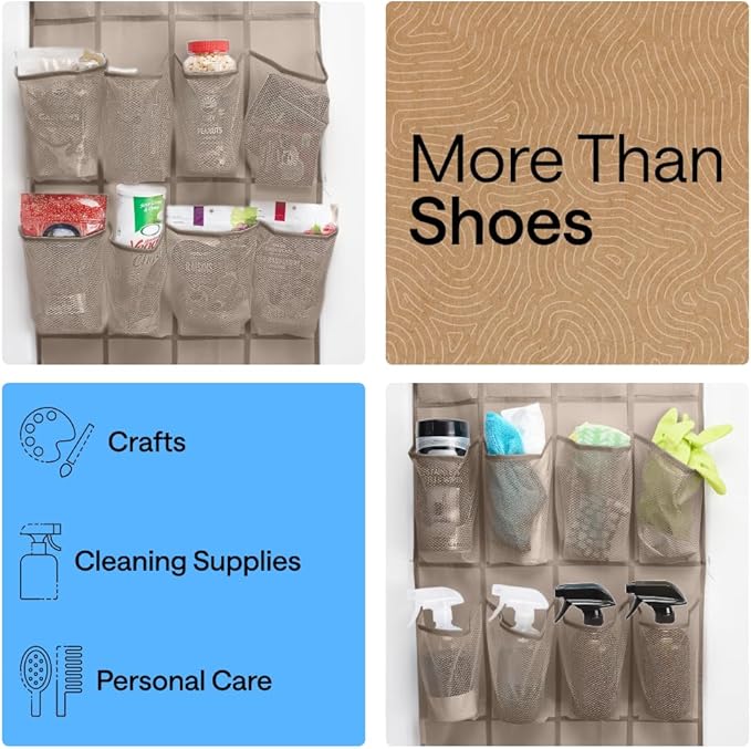 GORILLA GRIP Over the Door Shoe Organizer, 24 Large Breathable Mesh Pockets, Space Saving Hanging Storage Holder, Closet Rack Hanger Holds Up to 40 lbs, Hangs on Closets for Shoes, Accessories, Beige
