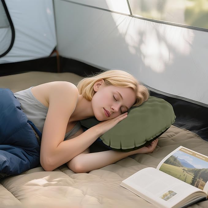 Camping Pillow with Ice Silk Memory Foam Cover - Ultralight Inflatable Pillow for Camping Lightweight, Ergonomic and Washable for Camping, Hiking, and Travel Green