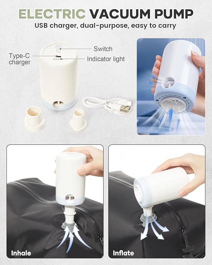 VECAVE Vacuum Travel Backpack with Pump for Women, Personal Item Carry on Backpacks Flight Approved 18x14x8 inches for Men,Laptop Waterproof Work Compression bags Casual Daypack YYWhite